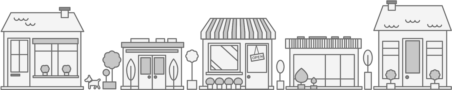 Illustration of houses and a shop in the middle with 'Open' signage in front.